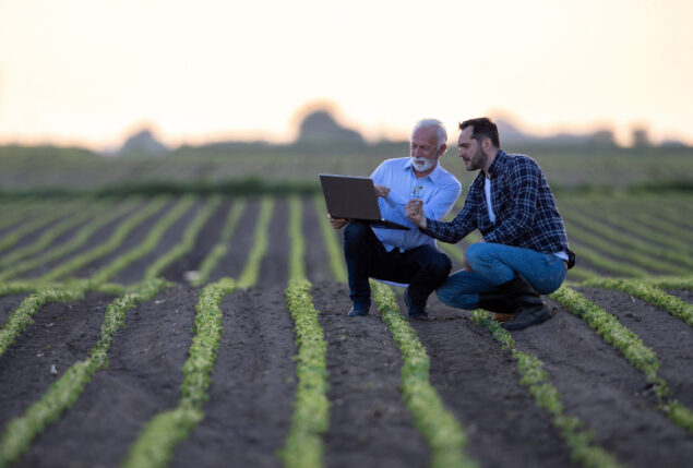 Dois homens olhando o notebook em meio a uma plantação